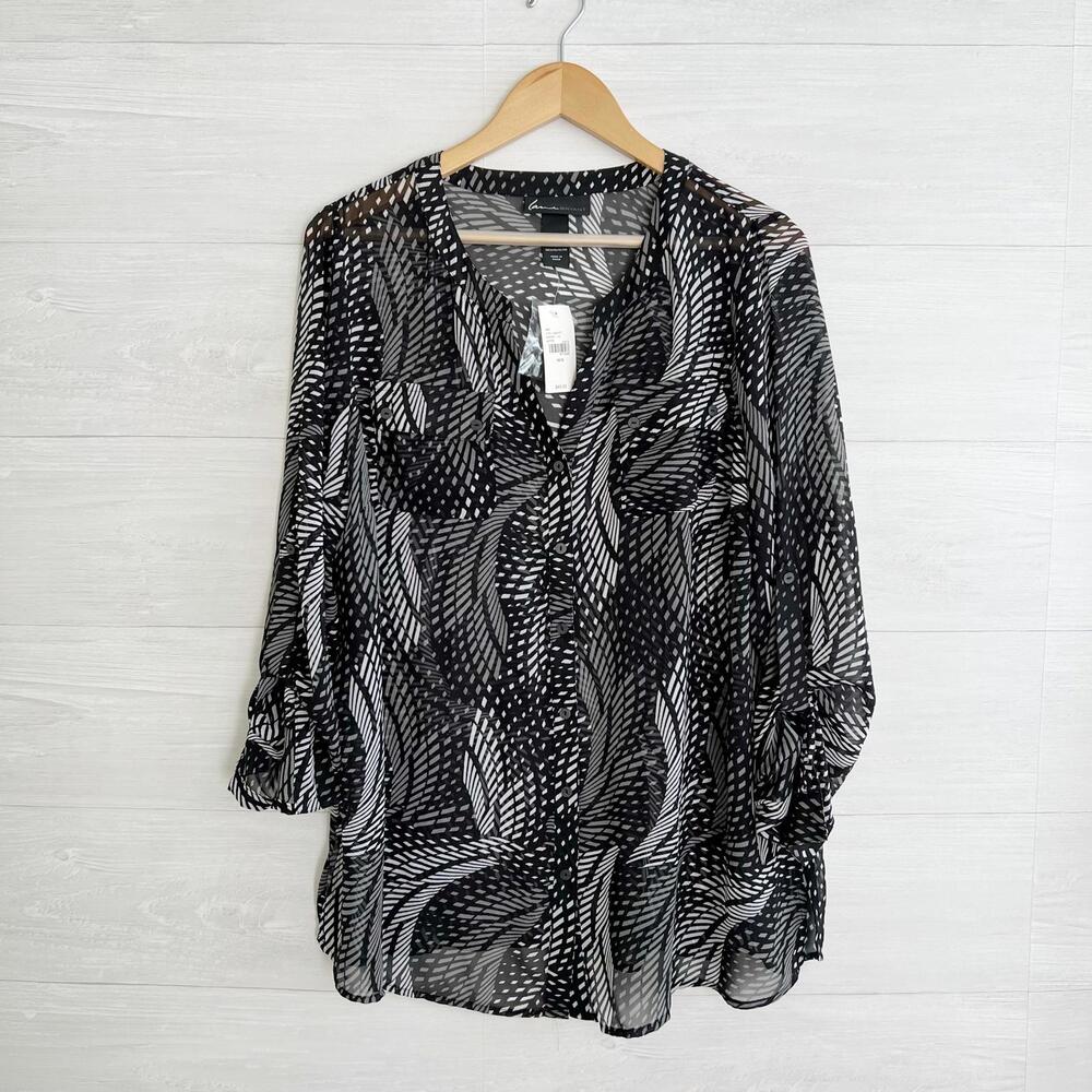NWT Lane Bryant - Black gray sheer button front v-neck roll tab sleeves, 14/16